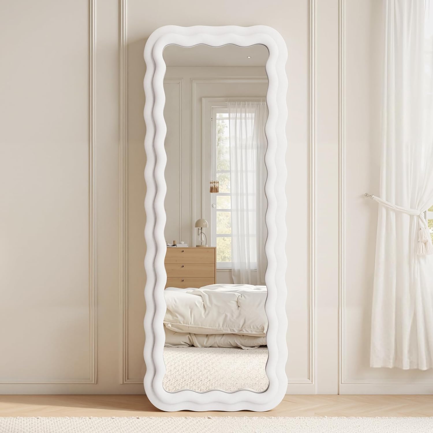 Mirrorae Rectangular Wavy Floor Mirror 63 x 24 Inch, Ivory