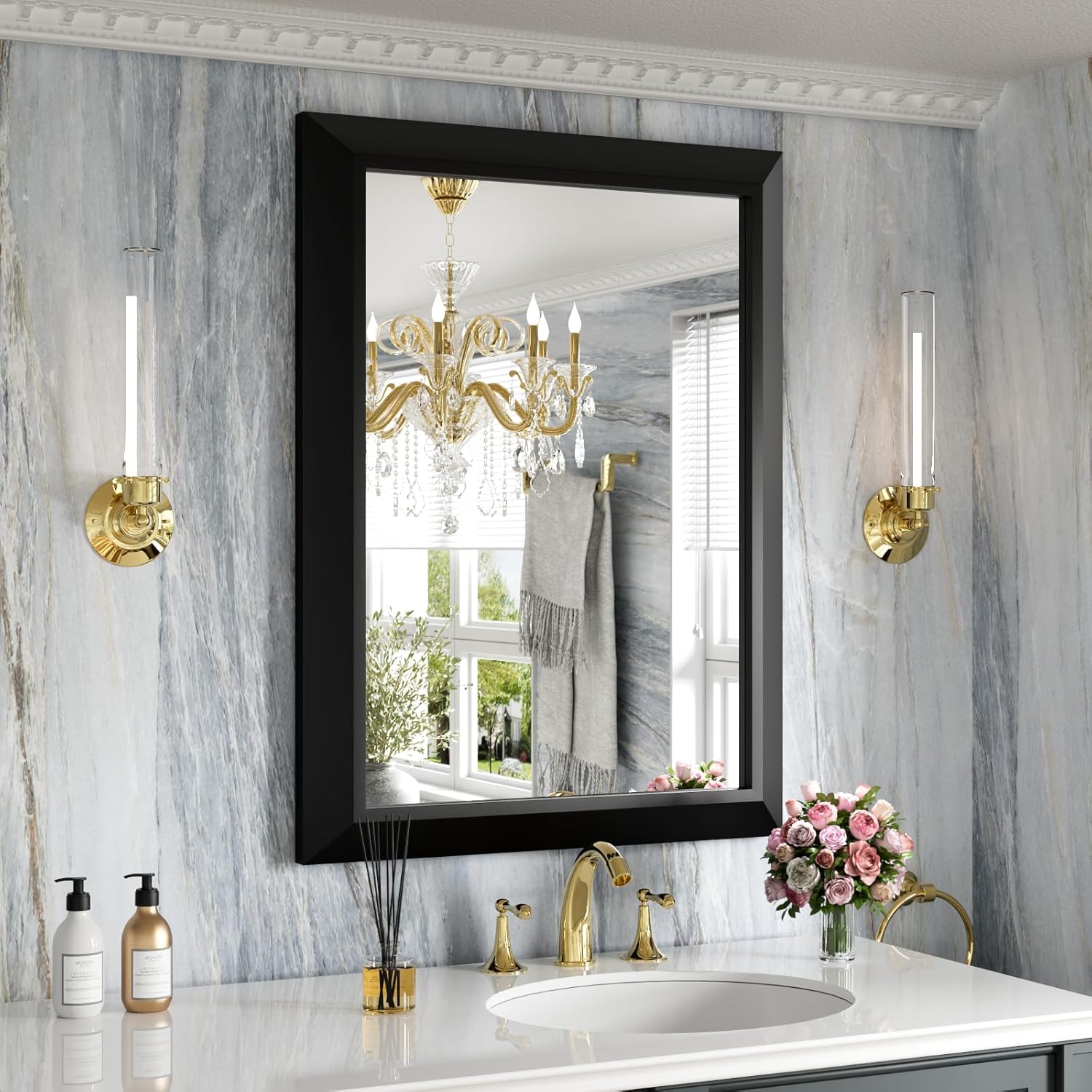 Mirrorae Bathroom Wall Mirror 36 x 32 Inch, Black
