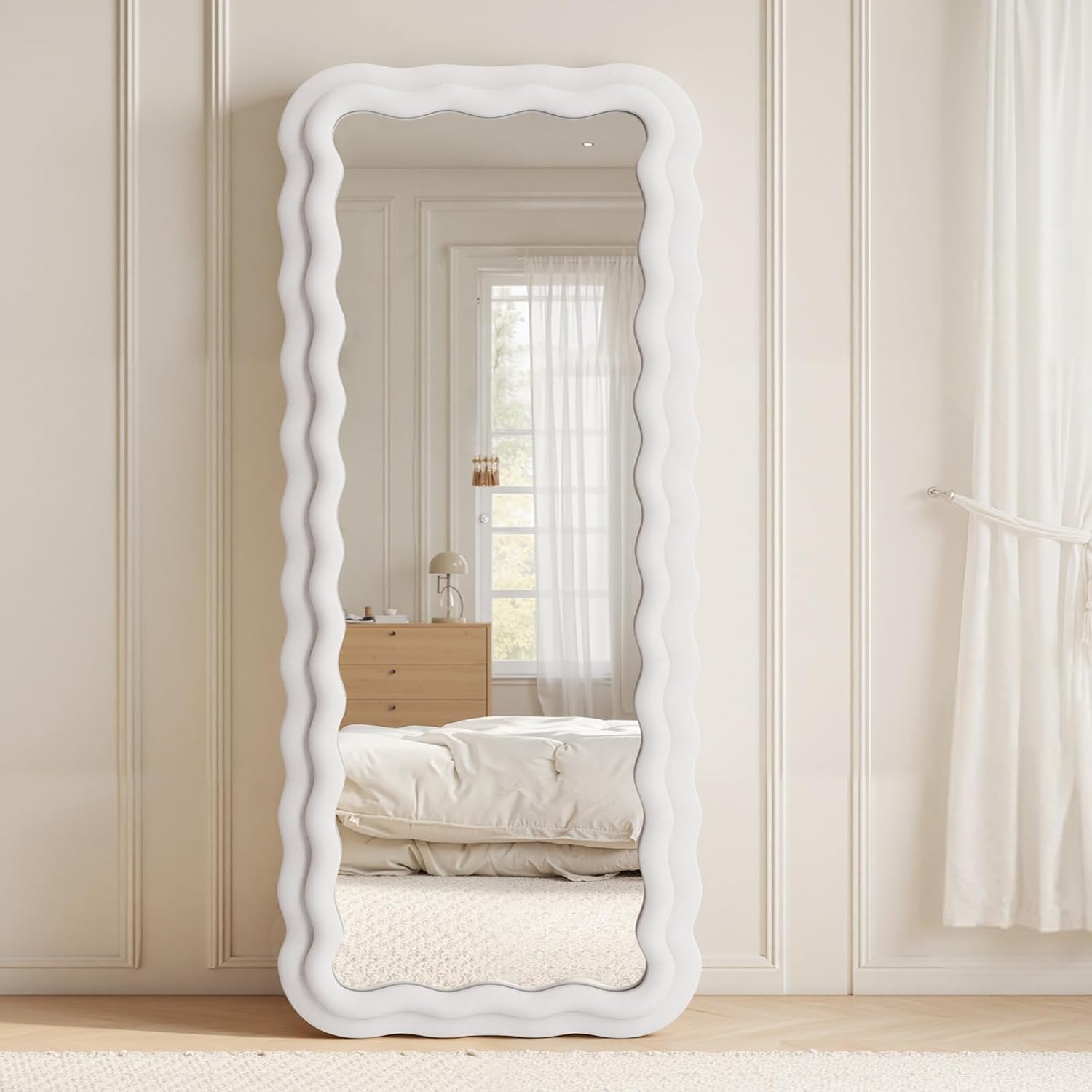 Mirrorae Rectangular Wavy Floor Mirror 63 x 24 Inch, Ivory