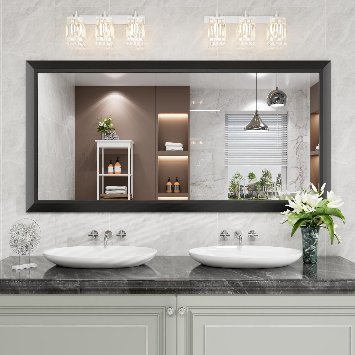 Mirrorae Bathroom Wall Mirror 36 x 32 Inch, Black