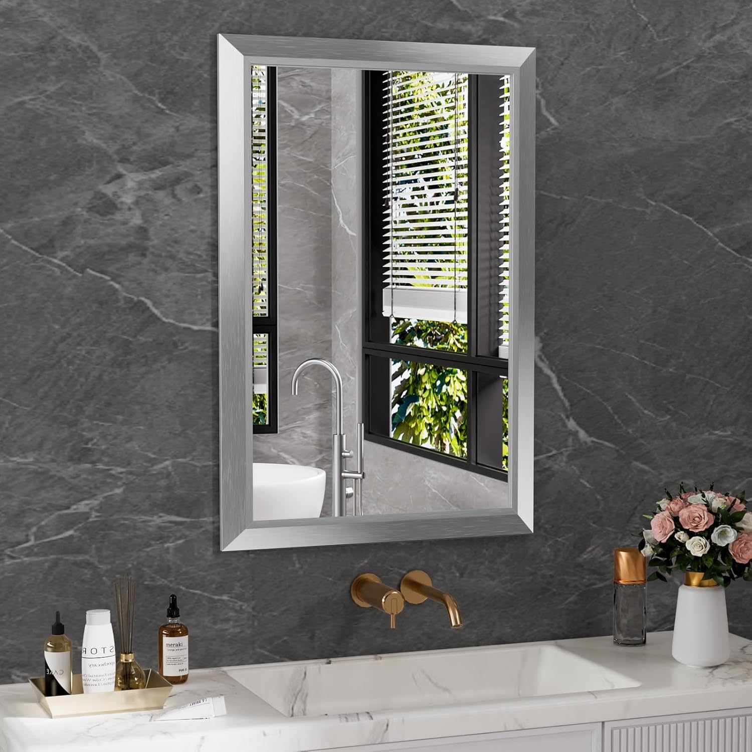 Mirrorae Bathroom Wall Mirror 36 x 32 Inch, Black