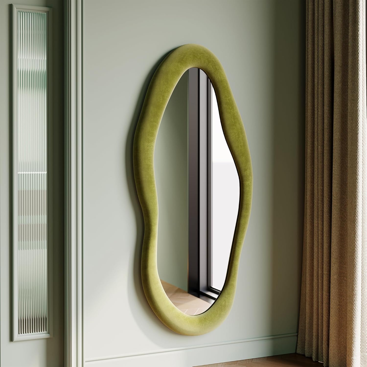 Mirrorae Irregular Wavy Floor Mirror 63 x 24 Inch, Green